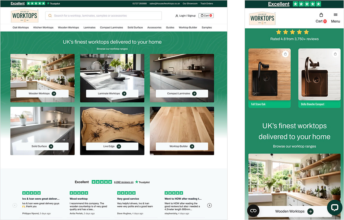 Screenshots: The House of Worktops website on desktop and mobile