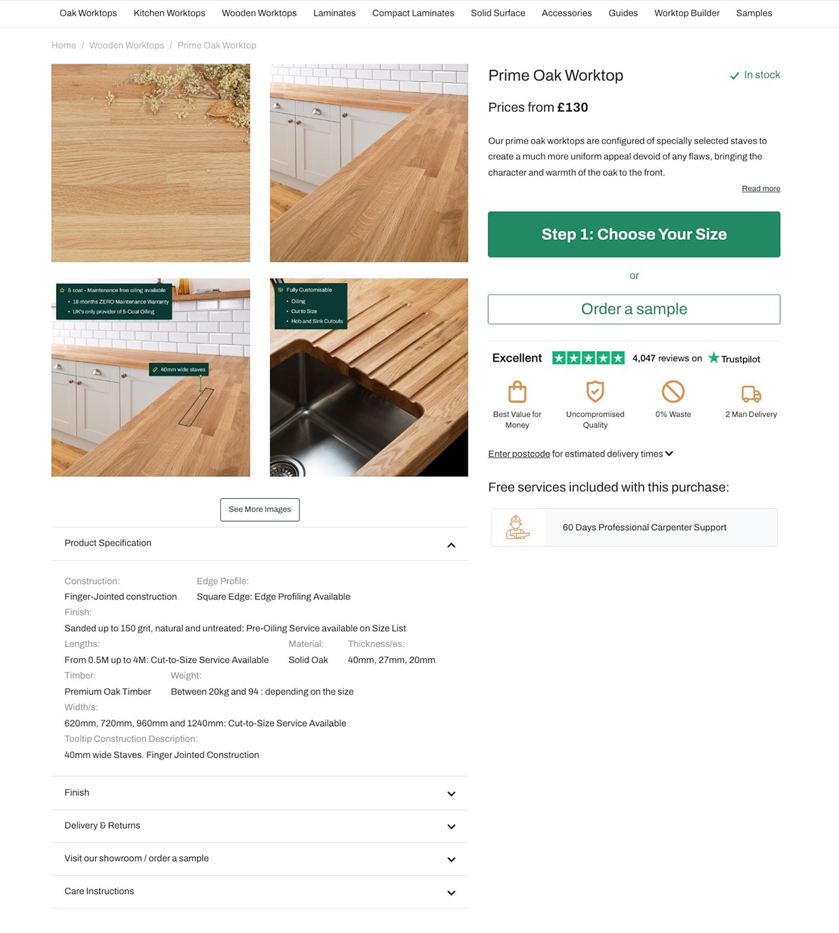 Variation version of a prime oak countertop product page in a CRO test, with the Product Specification accordion opened by default to increase visibility and improve conversions.