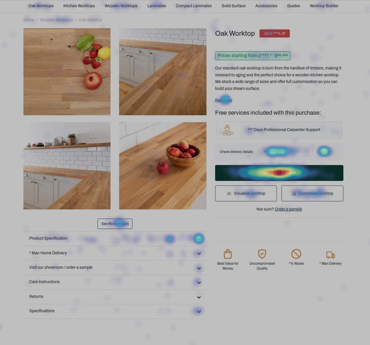 Conversion optimization heatmap showing high user engagement with the Product Specification accordion on a sustainable countertop product page.