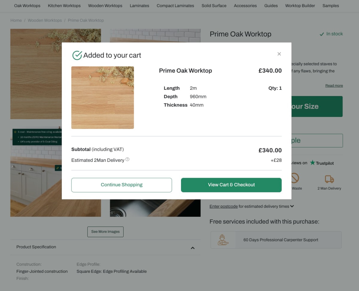 Simplified e-commerce confirmation modal showing a wooden worktop in the cart with price, dimensions, delivery cost, and two clear buttons: Continue Shopping or View Cart & Checkout.