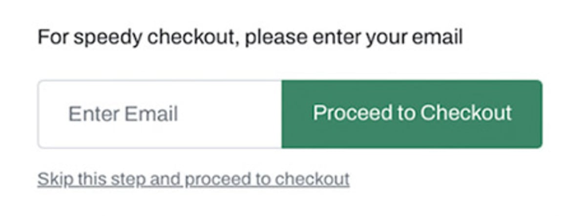 Close-up of a checkout prompt asking users to enter their email for speedy checkout, with options to proceed or skip.