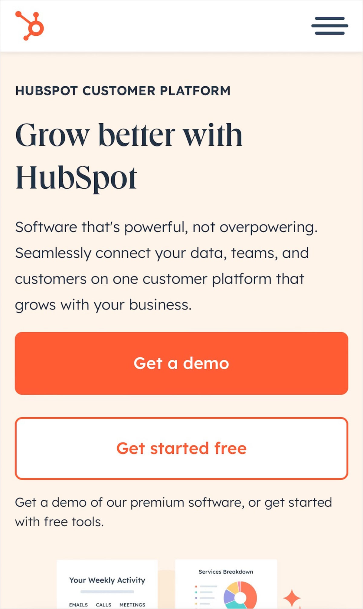 A mobile screenshot of Hubspot.com.