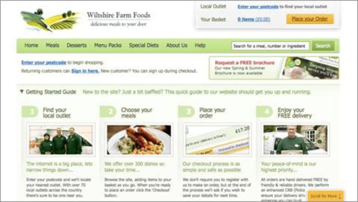 The Wiltshire Farm Foods website has a simple “Scroll for More” label fixed to the bottom of the browser window