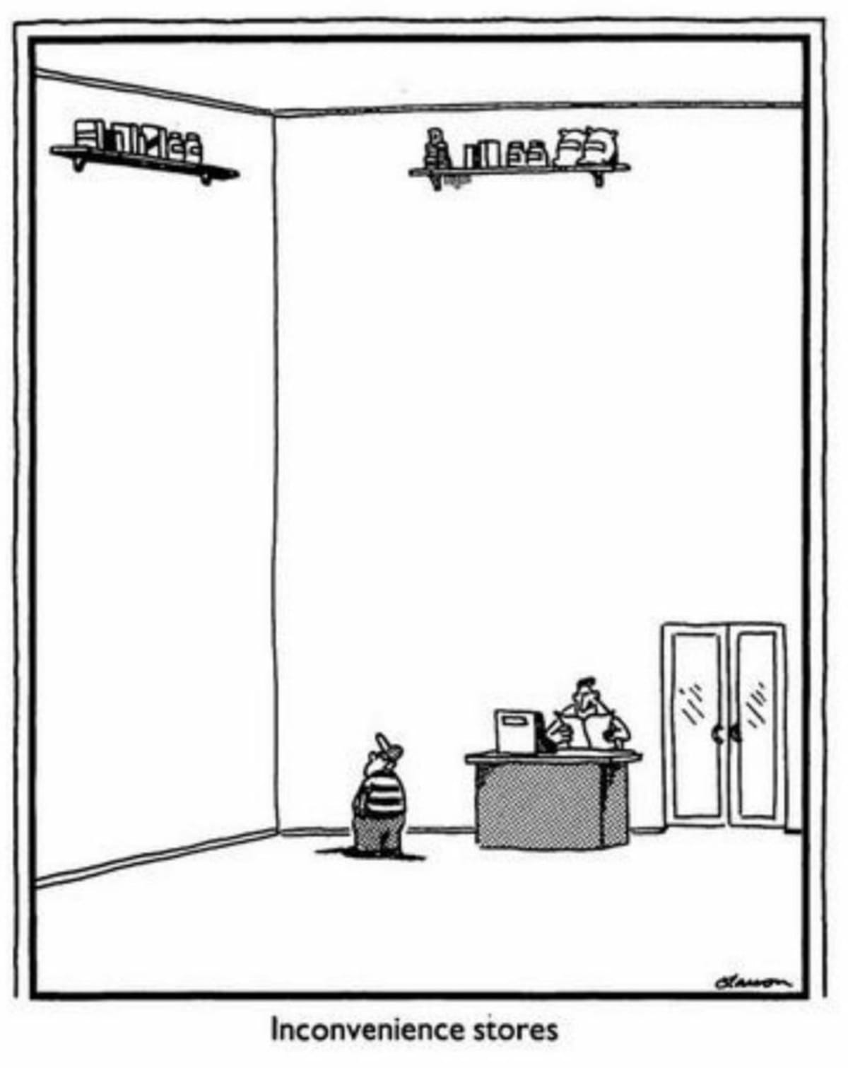 A Far Side cartoon showing a small boy looking up at a very high shelf in an otherwise empty shop. The caption reads, ‘Inconvenience stores’