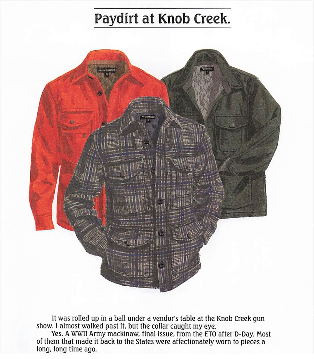 An illustrated catalog page titled “Paydirt at Knob Creek” featuring three men’s jackets: a red button-up jacket, a dark green quilted-lining jacket, and a central blue plaid jacket with flap pockets. The accompanying text describes the item as a WWII Army mackinaw, referencing its military heritage and discovery at the Knob Creek gun show.