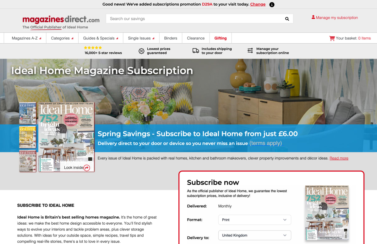 A screenshot of the Ideal Home magazine page, focusing on the new tagline that sits beneath the magazinesdirect.com logo.