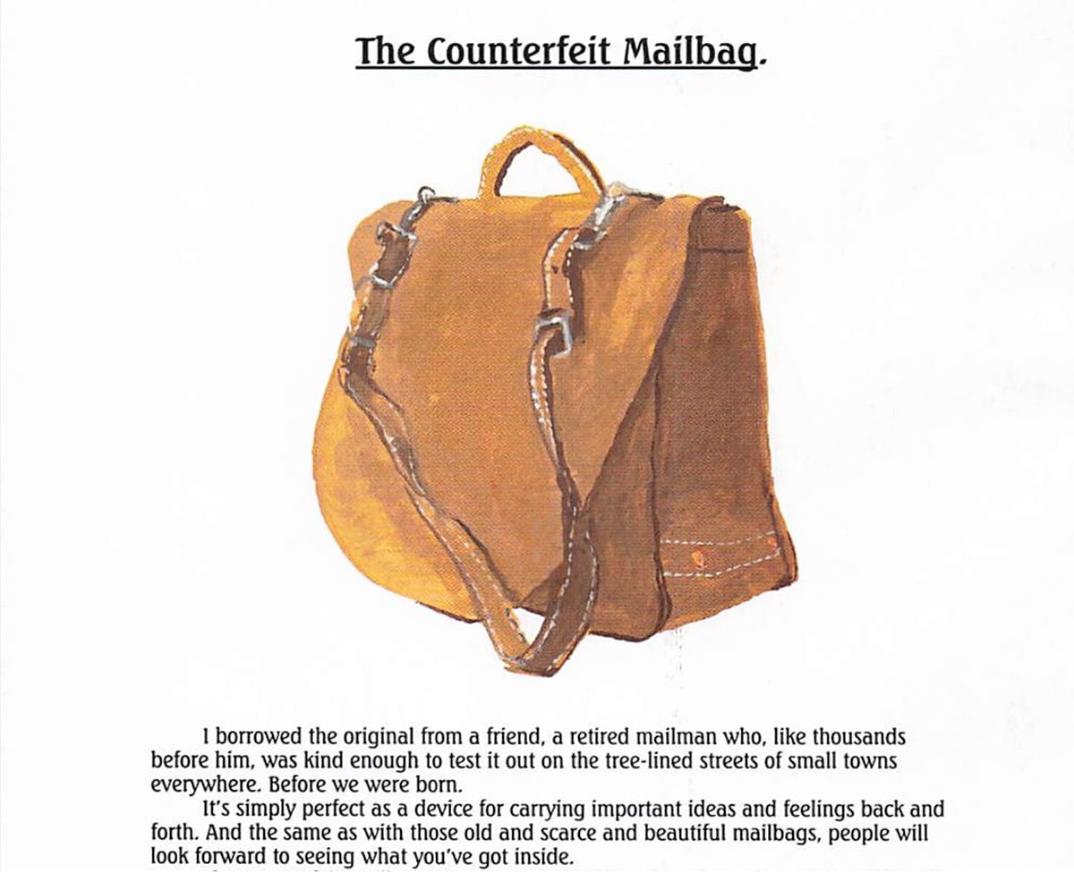 A catalog illustration of a tan leather shoulder bag titled “The Counterfeit Mailbag.” The design resembles a vintage mail carrier’s satchel with a sturdy strap and handle. The accompanying text describes its inspiration from an old postman’s bag, emphasizing durability, practicality, and nostalgic charm.