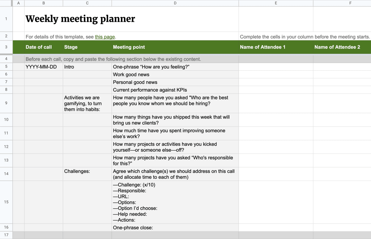 A screenshot of the meeting planner template