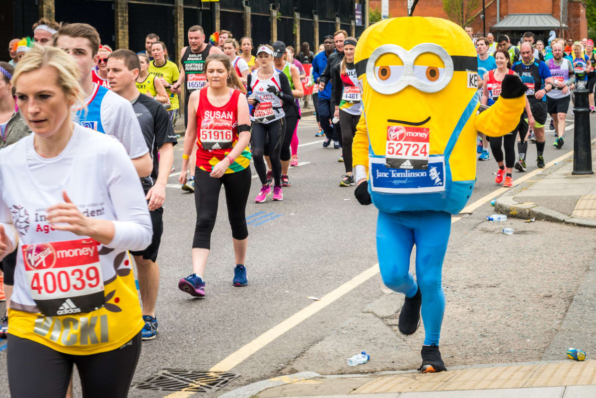 A fun run featuring a runner in a Minions costume.