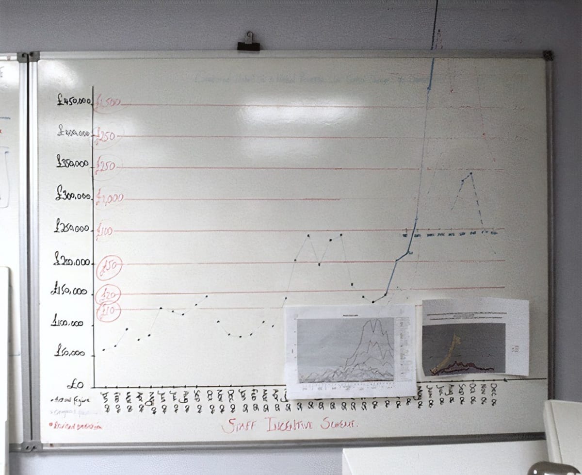 A whiteboard shows a sales graph that stretches way up onto the wall.