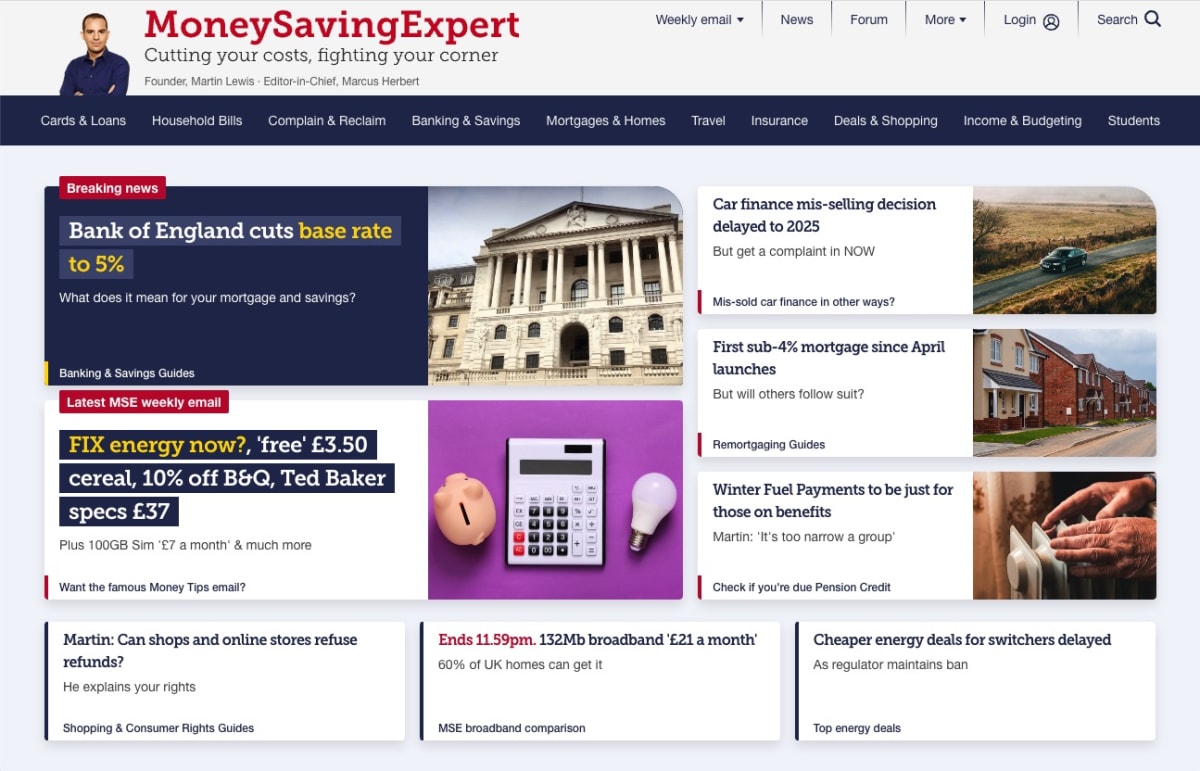 The homepage of MoneySavingExpert.com