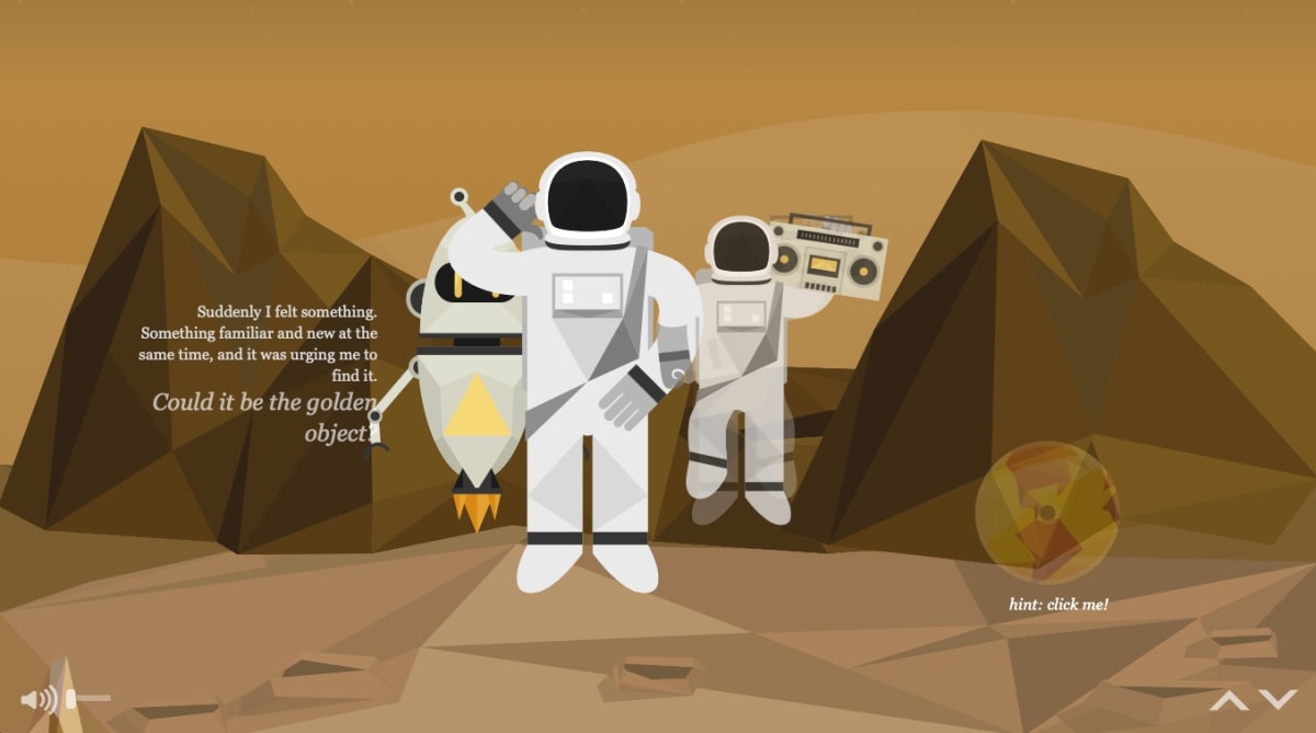 A screen from the animated page showing a cartoon astronaught standing on a rocky world.