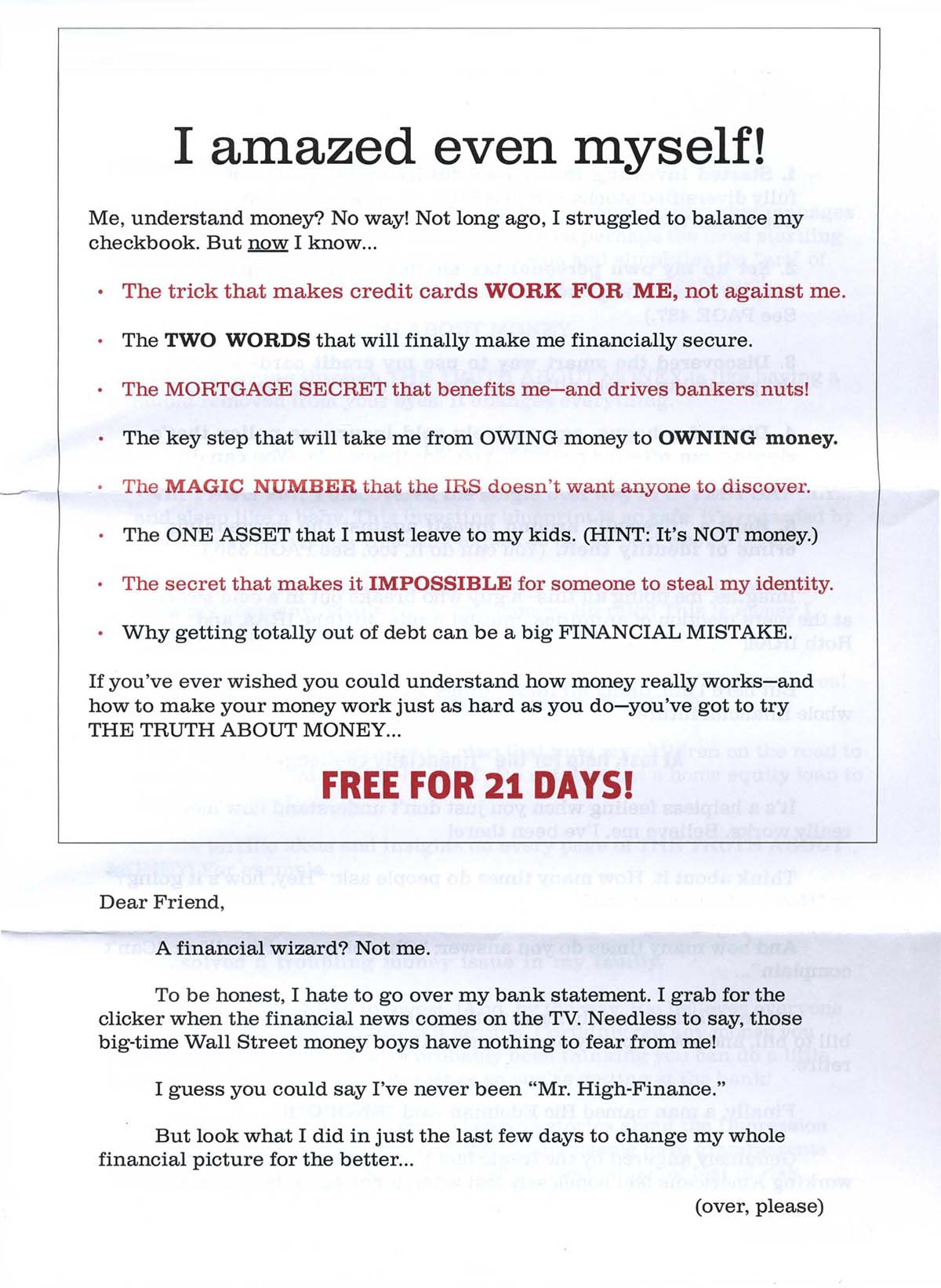 The first page of the promotion is dominated by a Johnson box containing eight specific claims. See below for the specific content.