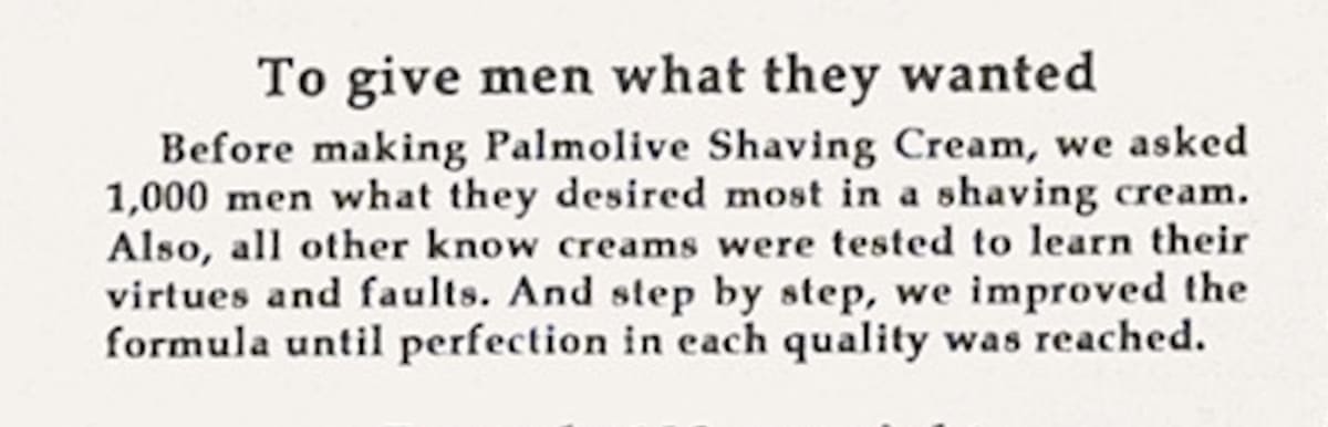 Close-up of the Palmolive ad copy describing the research behind the product.