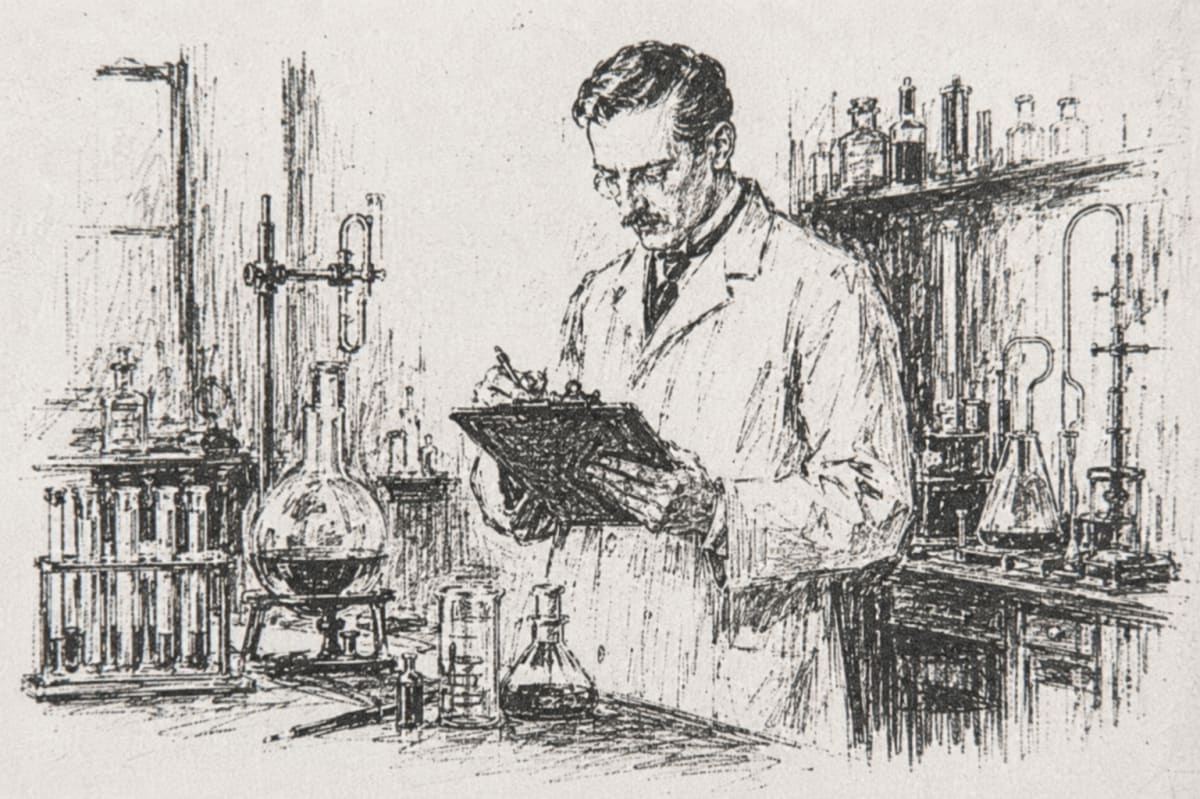 A chemist testing shaving cream in a laboratory, representing V. C. Cassidy’s work for Palmolive.