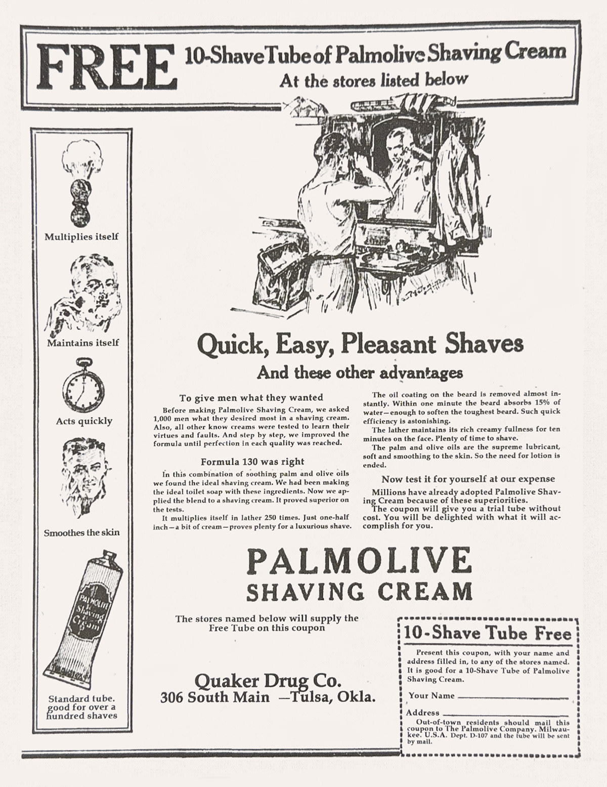 Full page of the vintage Palmolive Shaving Cream advertisement written by Claude Hopkins.