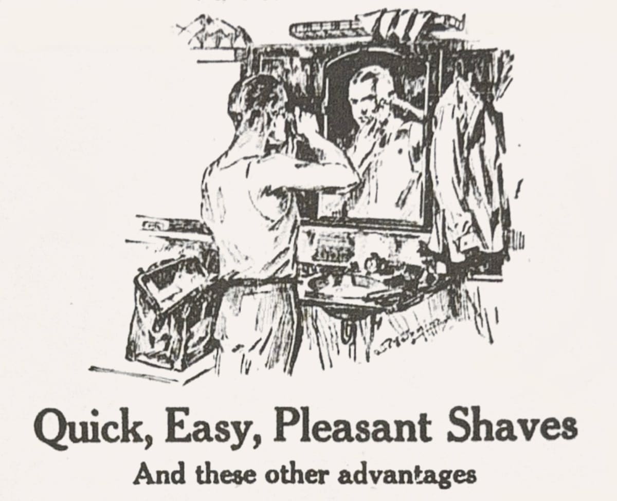 Close-up of the headline from a vintage Palmolive Shaving Cream advertisement.