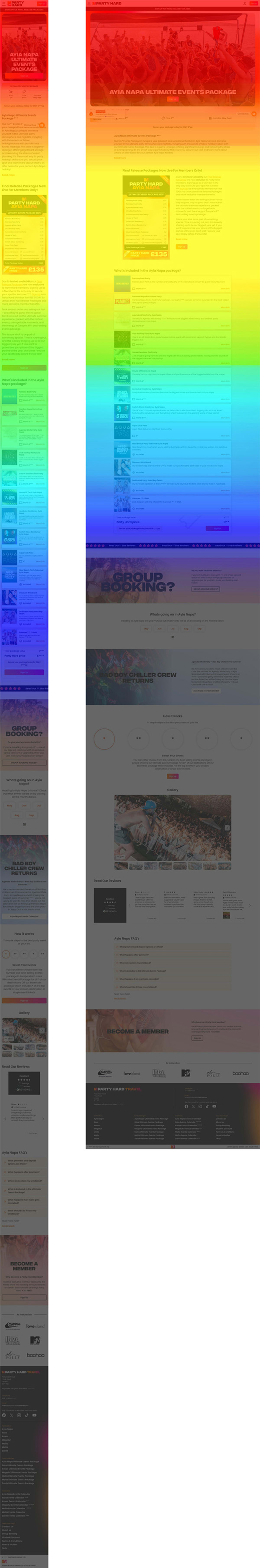 Heatmap scroll analysis of Party Hard Travel’s Ayia Napa events package webpage, showing user attention concentrated at the top of the page and fading further down.