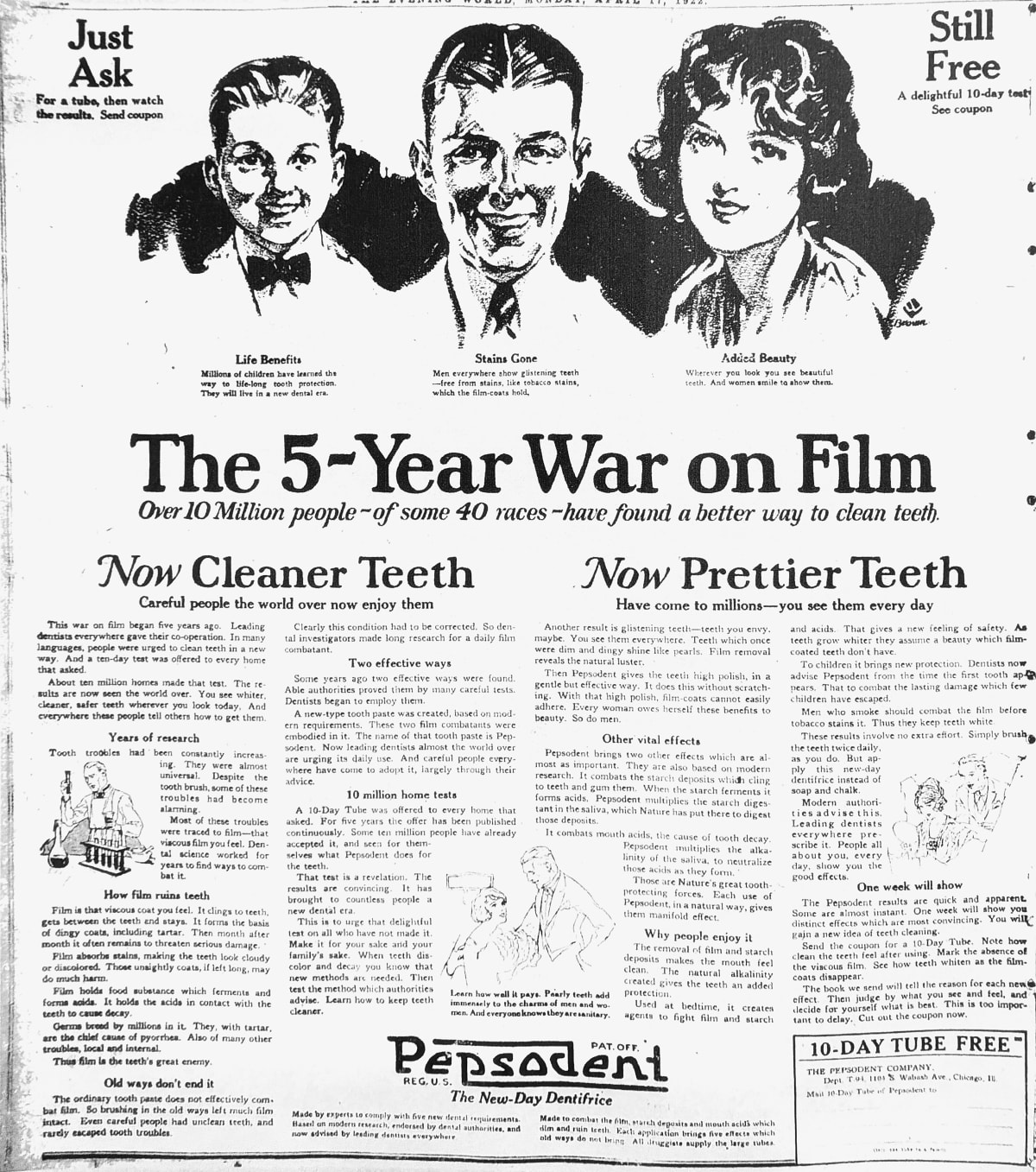 1922 Pepsodent newspaper ad with sketches of a smiling boy, man and woman above the headline “The 5-Year War on Film,” promising cleaner, prettier teeth and offering a free 10‑day tube.