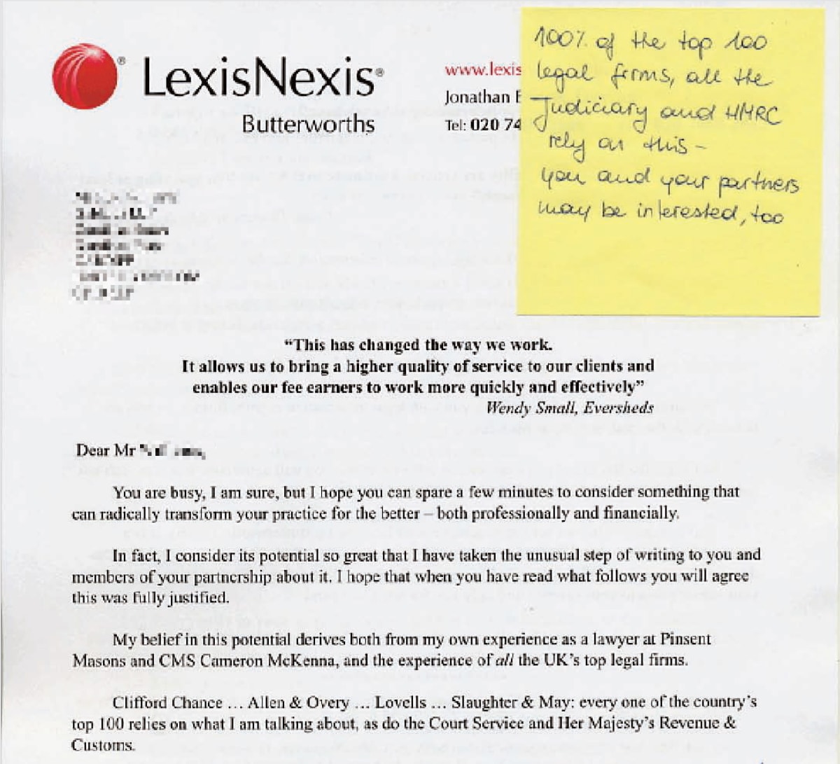 This is the first page of a sales letter to a legal firm. The letter is addressed to an individual and includes a handwritten sticky note.