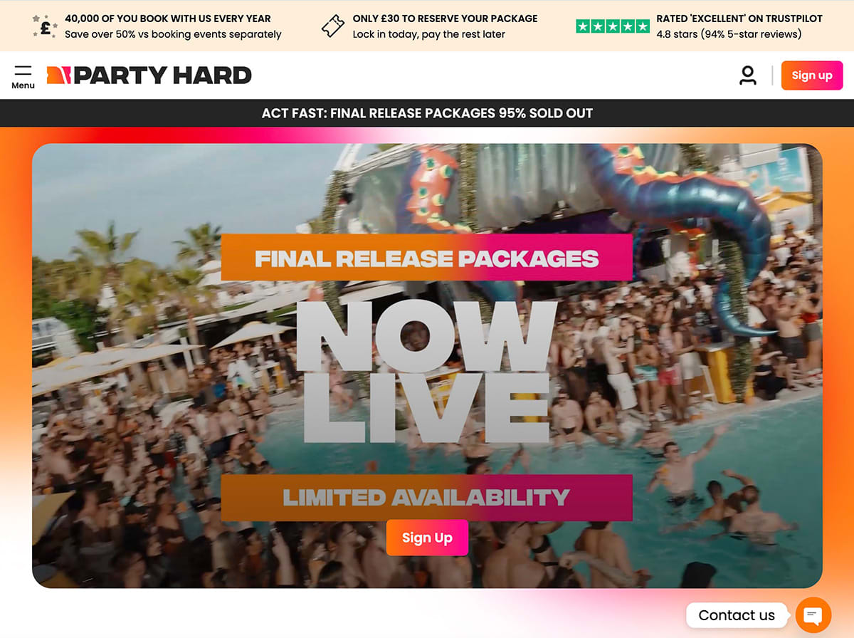 A website homepage for Party Hard showing the same hero banner, but with an added beige trust bar at the top. The trust bar emphasizes 40,000 bookings per year, a £30 reservation deposit, and a 4.8-star Trustpilot rating.