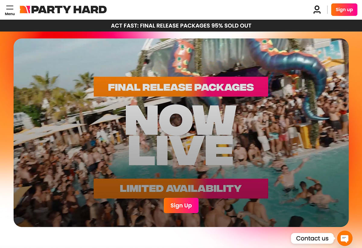 A website homepage for Party Hard showing a hero banner with bold text ‘Final Release Packages Now Live’ over a background photo of people partying in a club.