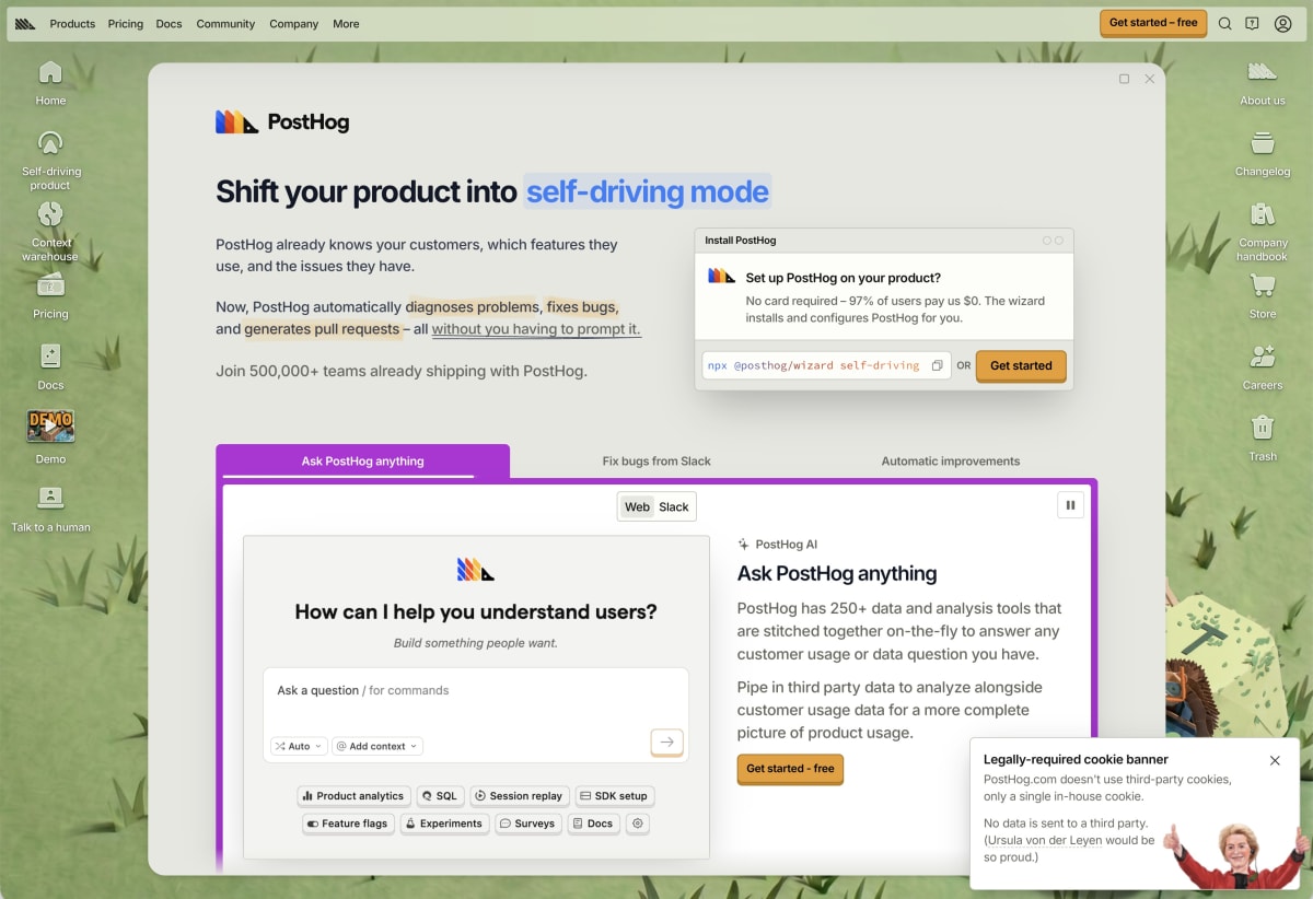 Screenshot of PostHog’s playful, illustrated homepage aimed at app developers.