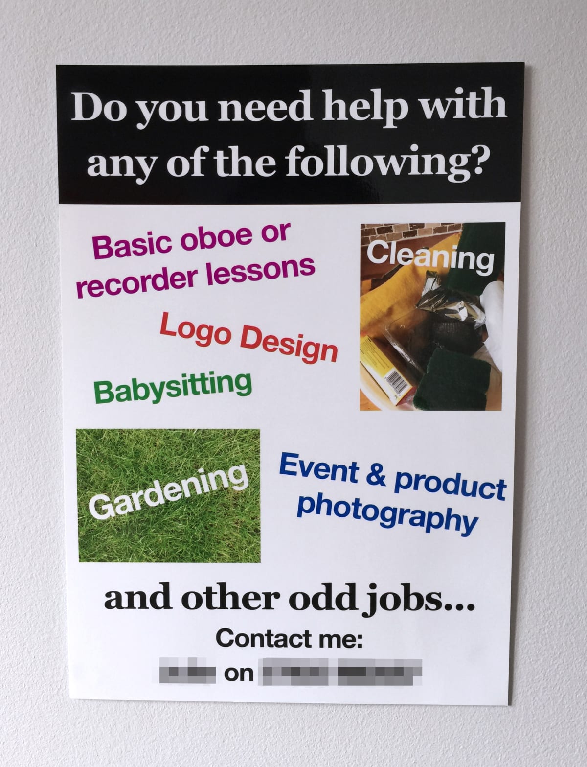 A poster advertises many services from one person, including logo design, babysitting, and basic oboe lessons.