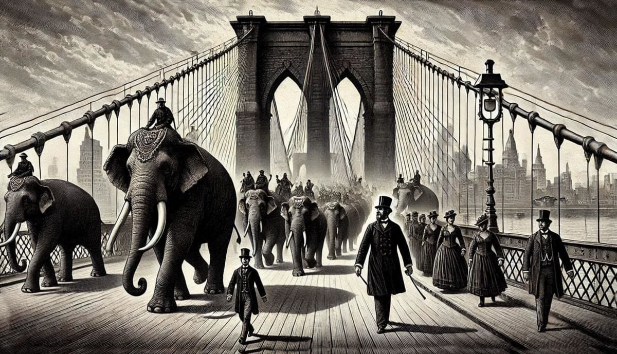 An illustration of Barnum and his circus crossing the Brooklyn Bridge.