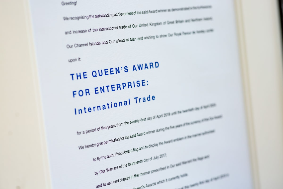 Our Queen’s Award certificate signed by Her Majesty The Queen