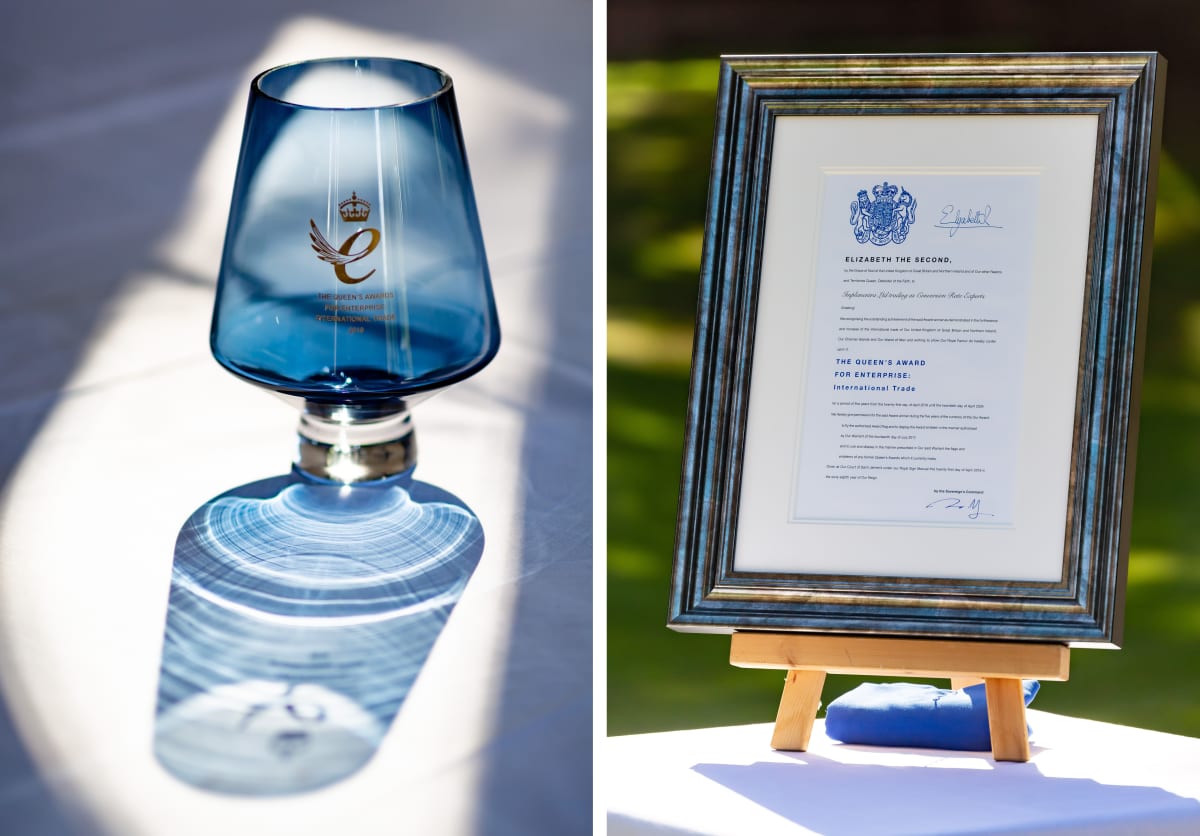 The royal crystal and certificate, which now has pride of place in our offices.
