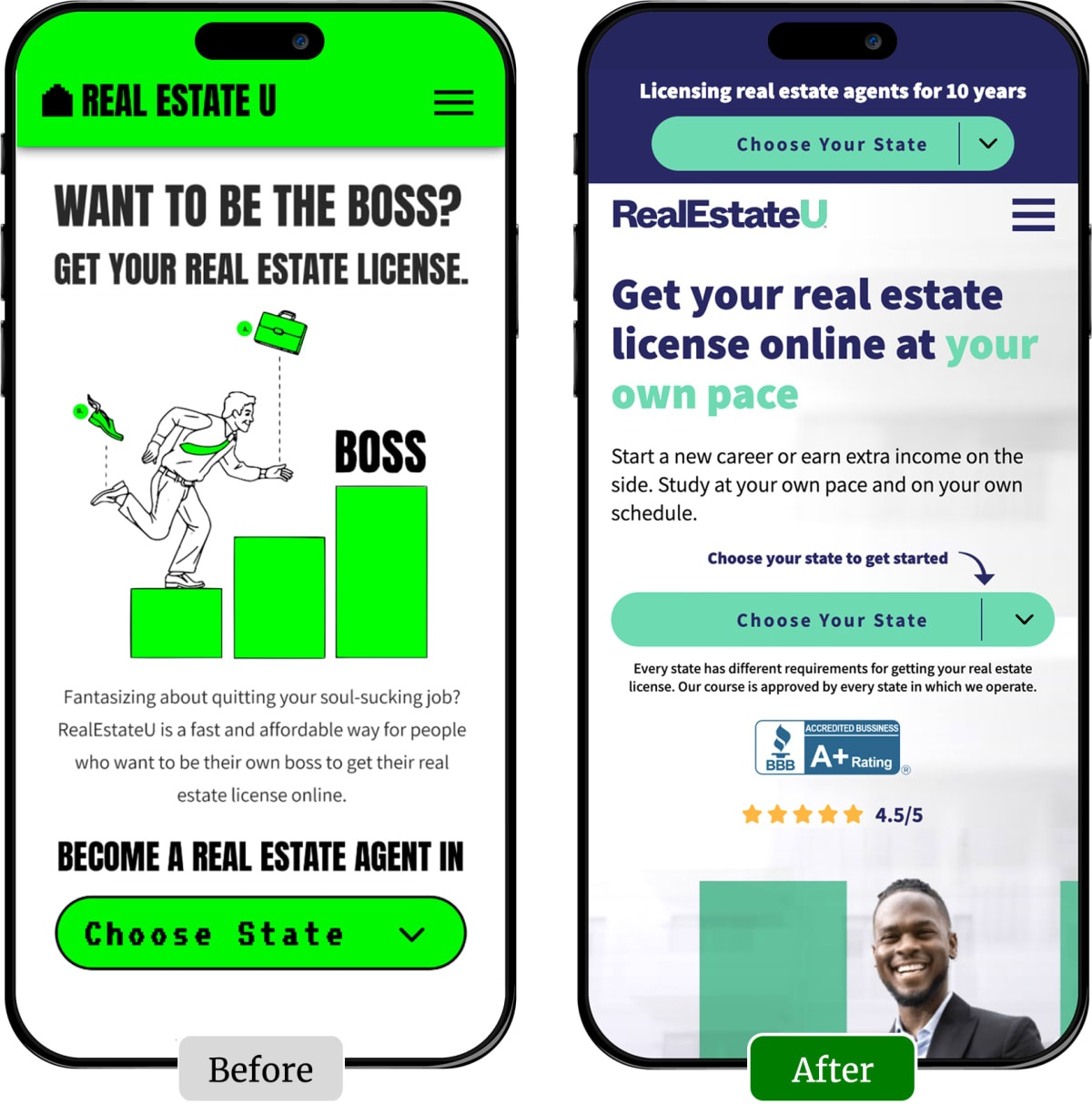 A comparison of the original and new version of the Real EstateU website.