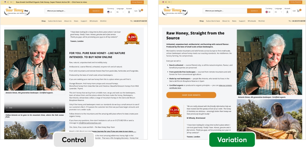Side by side comparison of the original and new The Raw Honey Shop homepage. The new version’s copy and layoung it simplied.