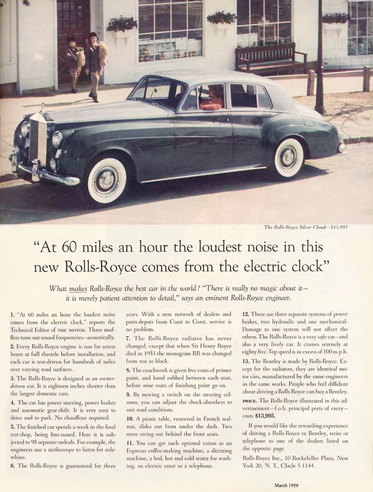 David Ogilvy’s 1958 Rolls-Royce advertisement, headlined ’At 60 miles an hour the loudest noise in this new Rolls-Royce comes from the electric clock.’