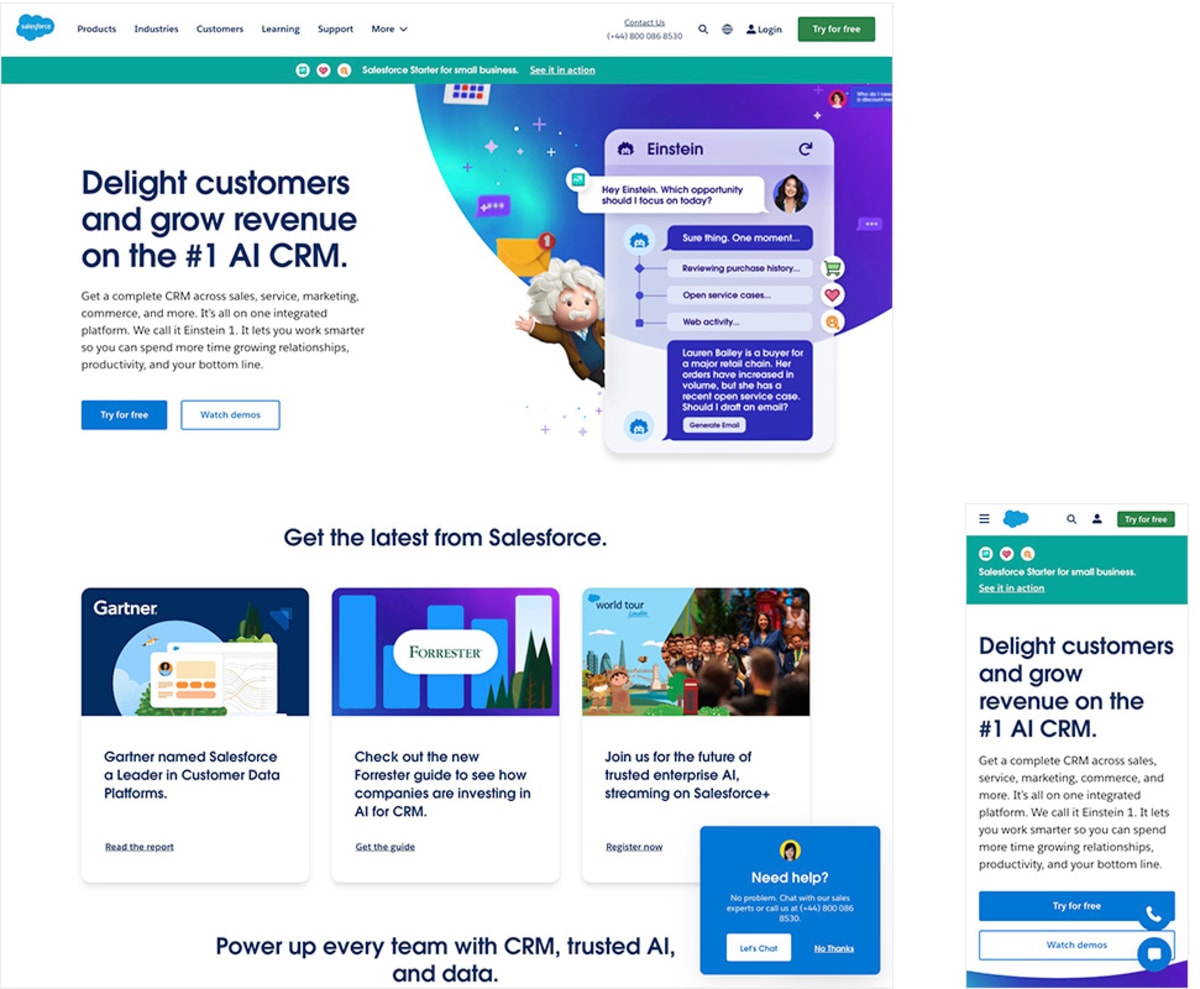 Screenshots comparing the desktop and mobile versions of Salesforce.com.