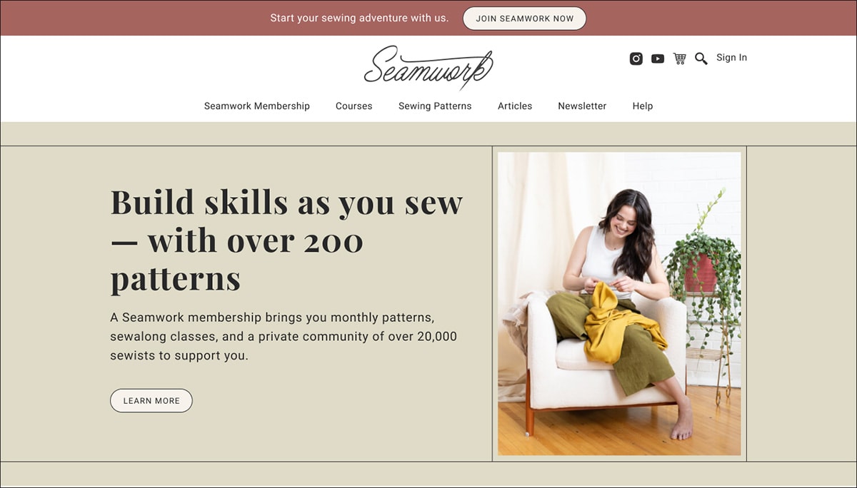 The original screen for this test showing Build Skills As You Sew headline and a Learn More call-to-action.
