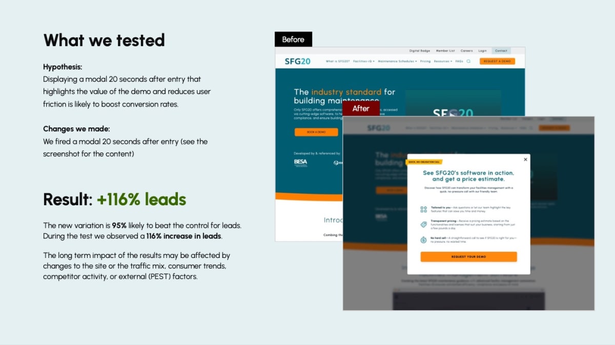 A slide showing one test with a 116% win.
