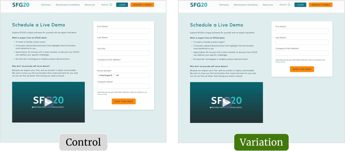 The original and variation screens for this test.