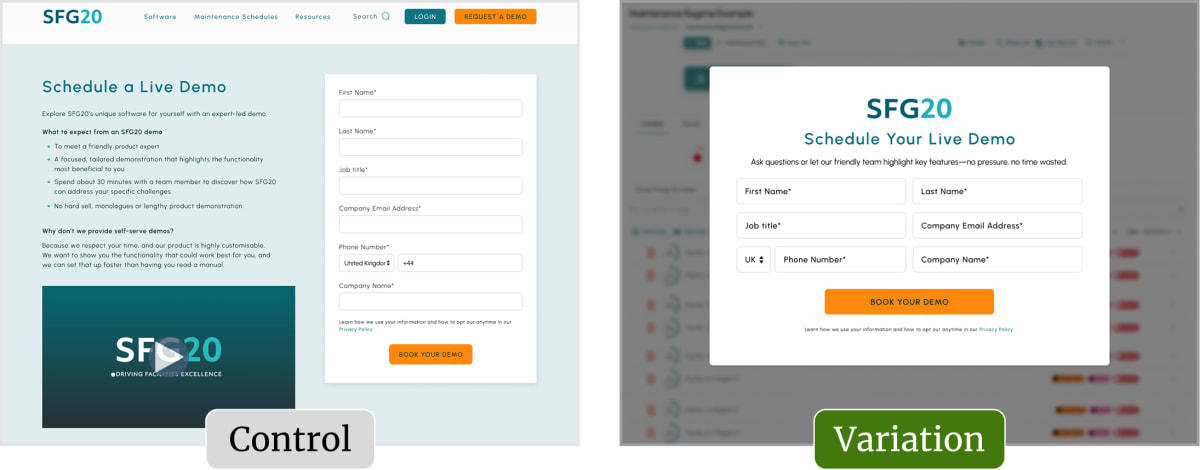 The original and variation screens for this test.