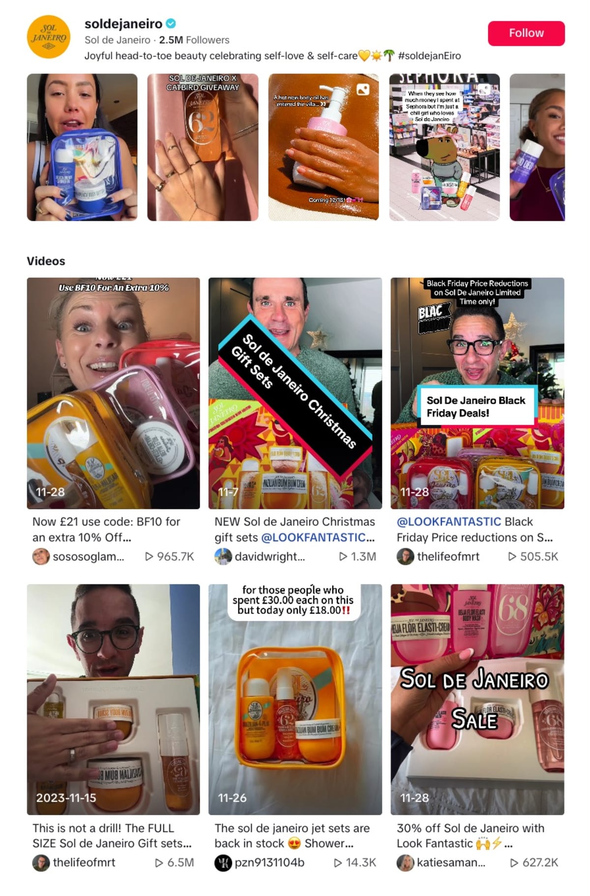 Sol de Janeiro’s TikTok page, showing many videos created by creators, some with millions of views.