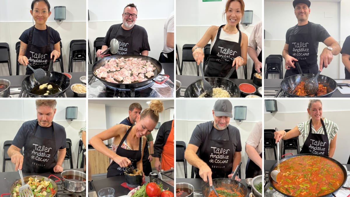 A collage of cooking class participants each smiling as they sauté vegetables, fry garlic, stir sauces, and prepare traditional Spanish dishes in large pans.