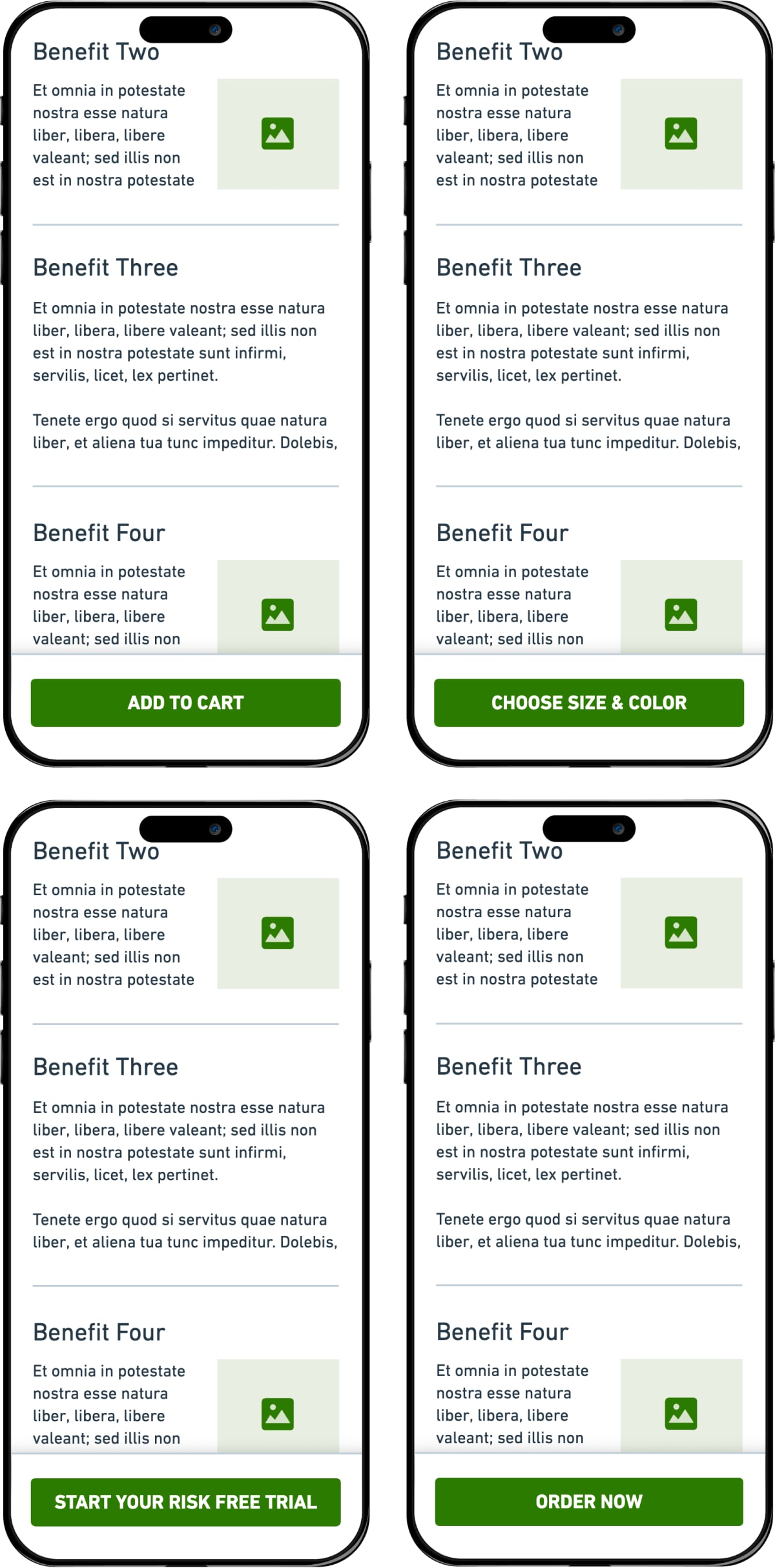 Four wireframes, each displaying a new fixed bar with a call to action in each.