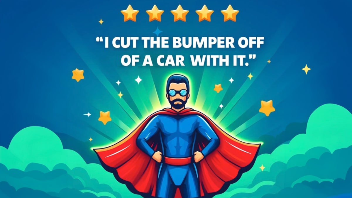 A superhero standing, hands-on-hips, beneath a 5-star review.