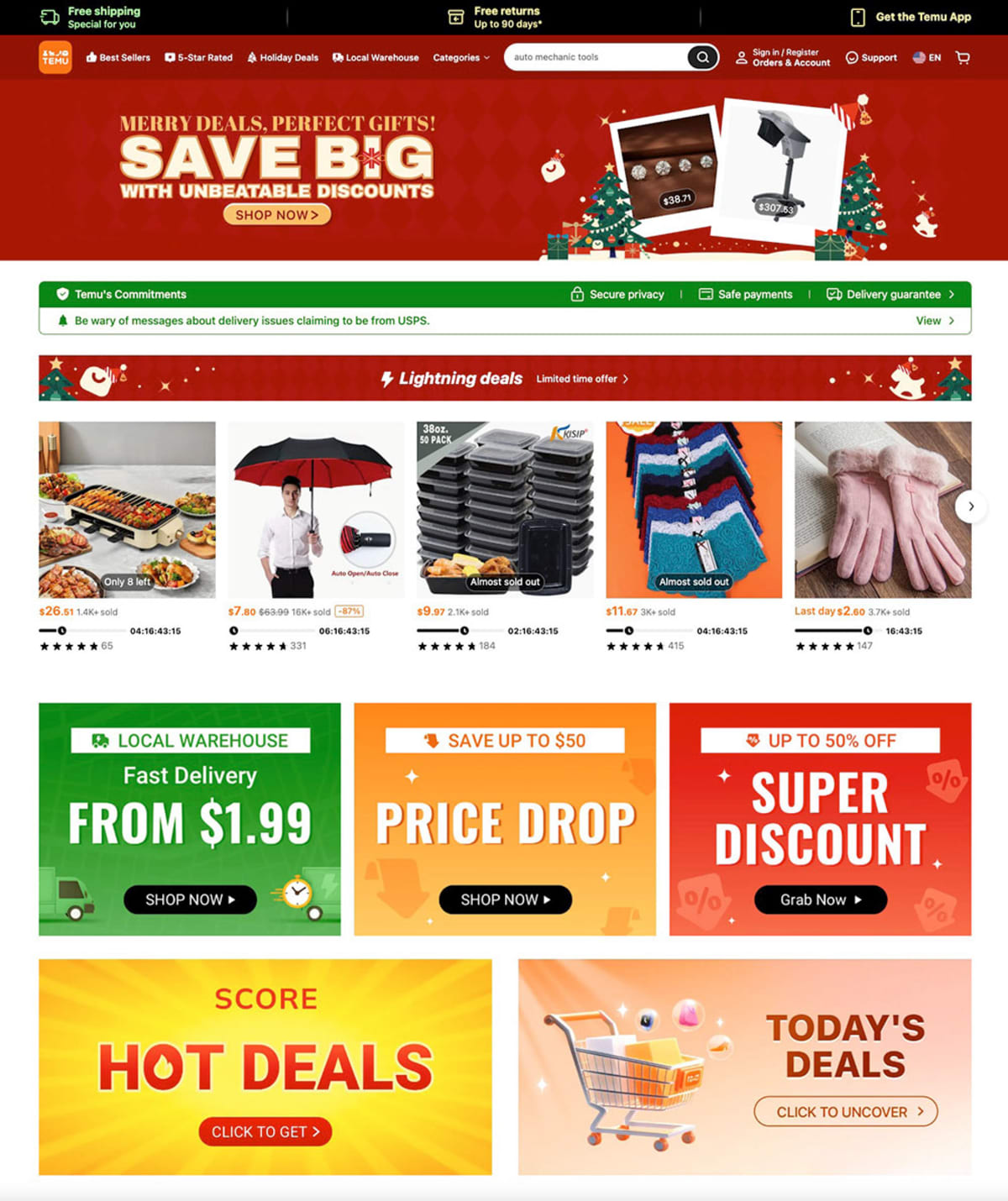 Temu’s homepage, showing unbeatable discounts, price drops, and hot deals