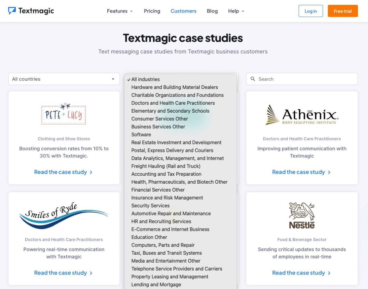 A drop-down box allowing users to view case studies by industry.