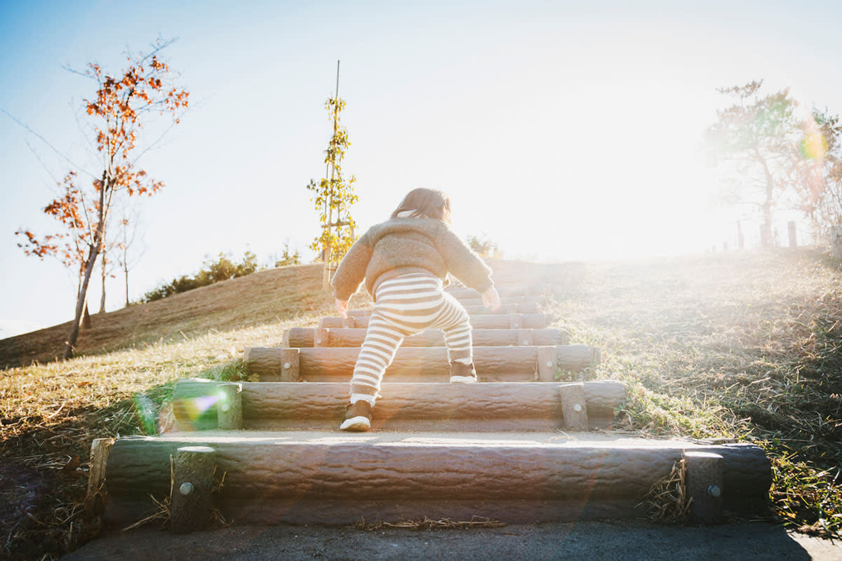 A toddler climbing steps.