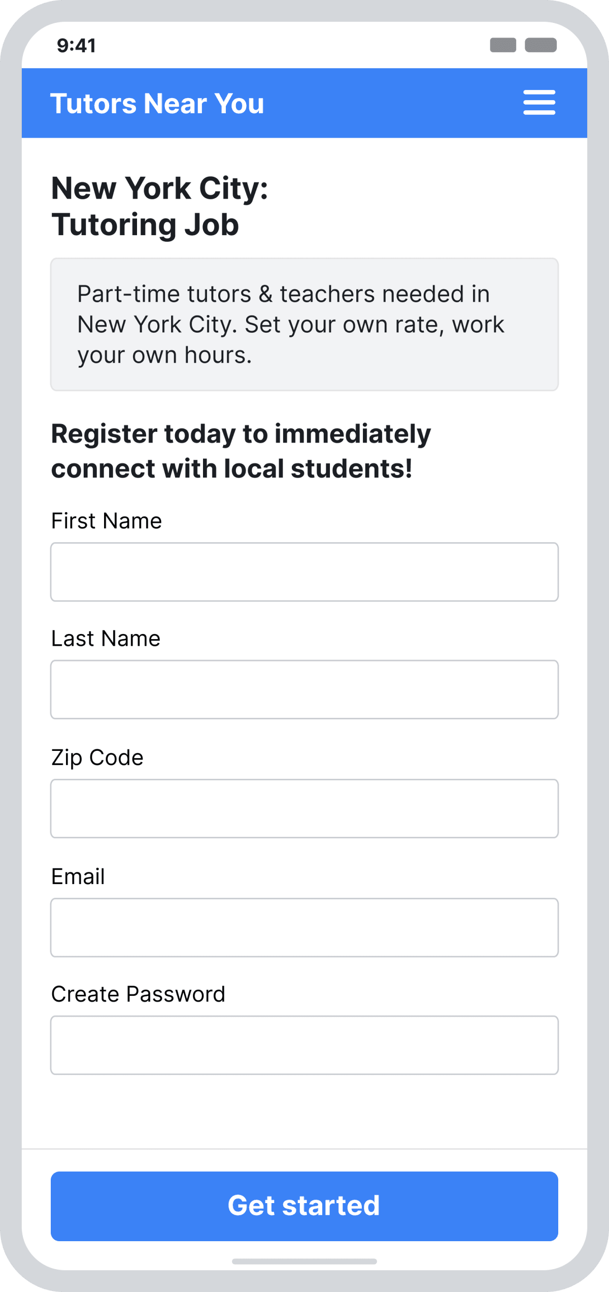 The original tutor recruitment page, headlined “New York City: Tutoring Job,” with a generic summary above a registration form asking for name, zip code, email and password.