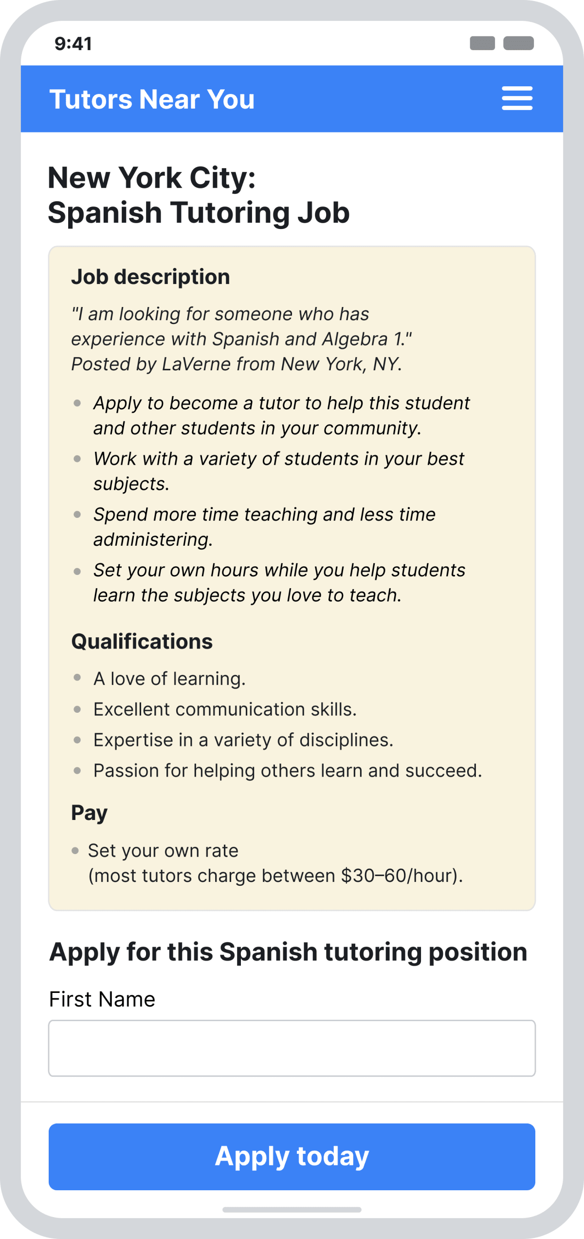 The variation tutor recruitment page, headlined “New York City: Spanish Tutoring Job,” opening with a real student&rsquo;s job request, a job description, qualifications and pay, followed by an application form.