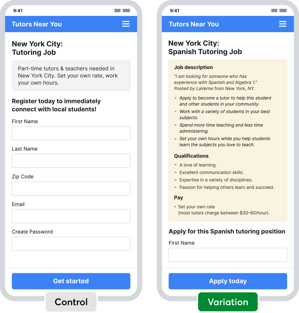 Side-by-side comparison of the control and variation tutor recruitment pages on mobile. The control is a generic registration form; the variation opens with a real student&rsquo;s job request.