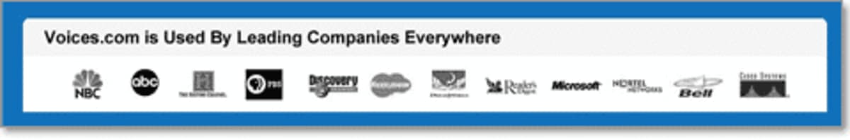 Screenshot of Voices.com’s website showing logos of companies who use their services.